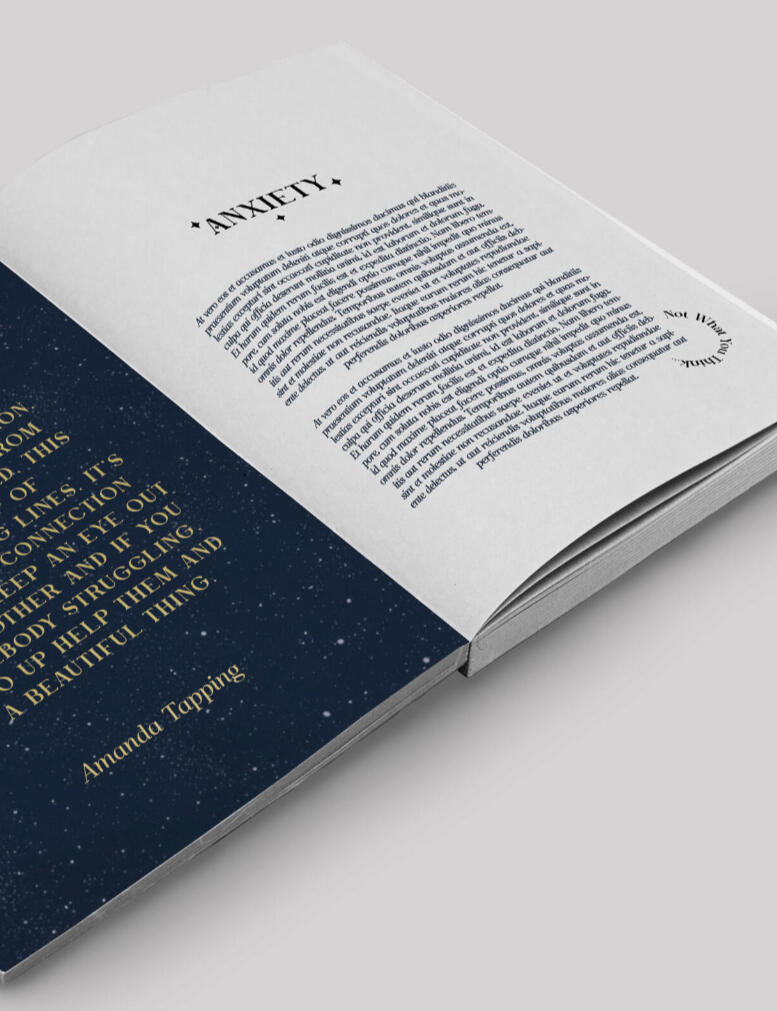 Mockup Cover of Amanda Tapping's Mental Health Book. The design is made of midnight blue with golden dots like stars in the night sky